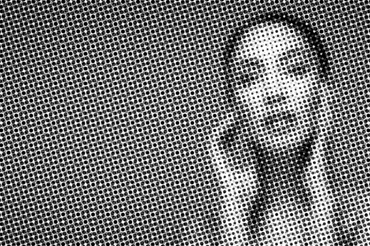The portrait rendered as a halftone dot pattern.